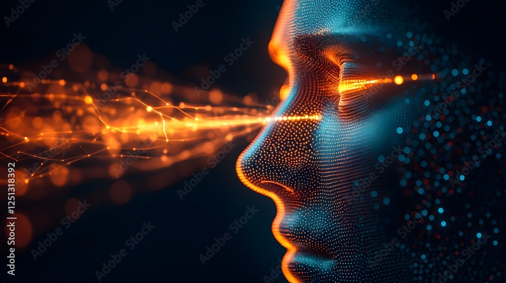 Poster glowing biometric facial recognition process capturing facial data points for security and identific