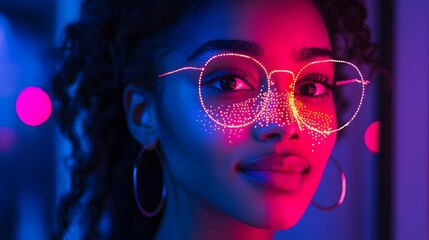 Mesmerizing visualization of a high tech biometric facial recognition process capturing intricate facial data points in a captivating neon glow and futuristic color palette