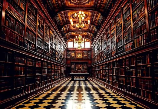 Classic Library with Bookshelves and Ornate Details in Warm Lighting