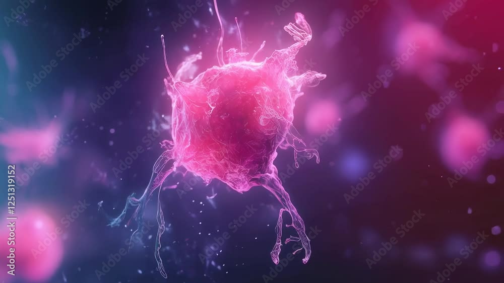 Poster Cellular division of stem cell is captured in slow motion, showcasing intricate biological processes within a vibrant, microscopic environment