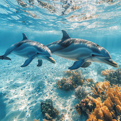 Fototapeta premium Two dolphins swim over a coral reef in clear blue ocean water