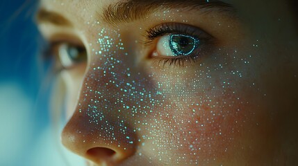 Close up portrait of a woman s face with facial recognition software scanning and analyzing her facial contours expressions and features for digital identification and security purposes  Conceptual