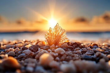 Fototapeta premium Unique shell glistens in sunlight on sandy beach during sunrise by the ocean