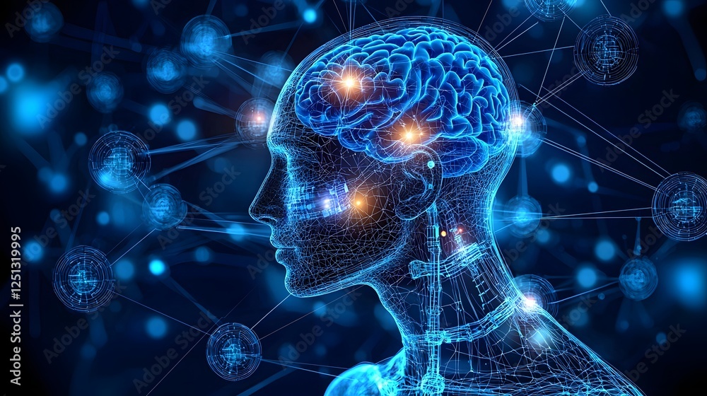 Poster cutting edge face scanning technology highlighting key data points on a digital 3d human face model 