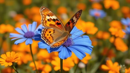 Obraz premium A stunning butterfly with wings of brown and orange perched on a large bright blue flower in an orange field of flowers, botanical, garden