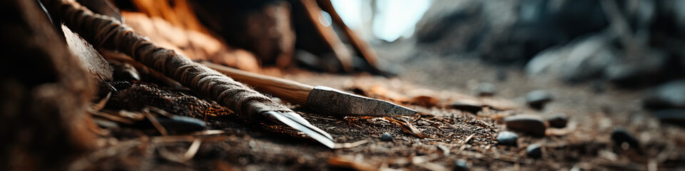 Two Primitive Stone and Wood Tools on Ground
