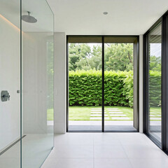 Fototapeta premium interior new house, view of the garden from the glass door