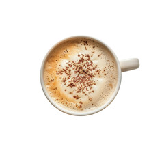 Aerial view of cup of coffee with frothy milk and chocolate sprinkles, creating warm and inviting atmosphere