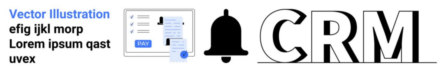 Contact list overview beside a bell icon representing reminders or alerts, paired with bold CRM typography. Ideal for customer management, notifications, business tools, data organization