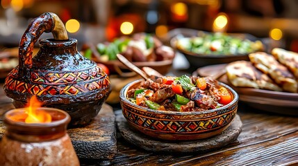 Bowl of assorted food items including rice vegetables and meat on a wooden table in natural light