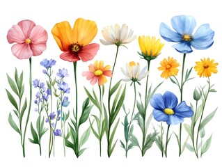 Watercolor Floral Arrangement with Various Flowers in Pink Yellow White and Blue Hues