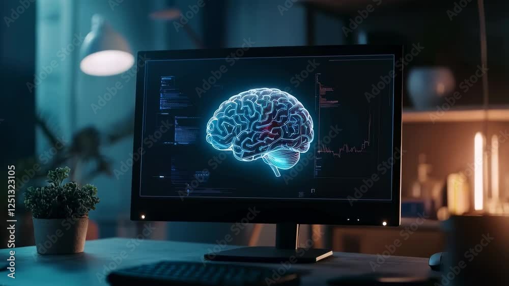 Poster Computer screen displaying a rotating, translucent blue brain with a highlighted red area, suggesting a medical scan in a dimly lit room with a potted plant