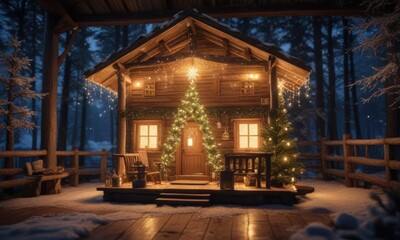 Obraz premium A stunning Christmas tree with elaborate snowflakes, icicles, and fairy lights in a cozy, rustic cabin, festive, rustic, tree