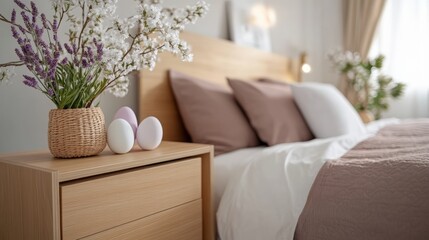 Modern Easter Vibes: Contemporary Bedroom with Wooden Furniture and Easter Egg Accents