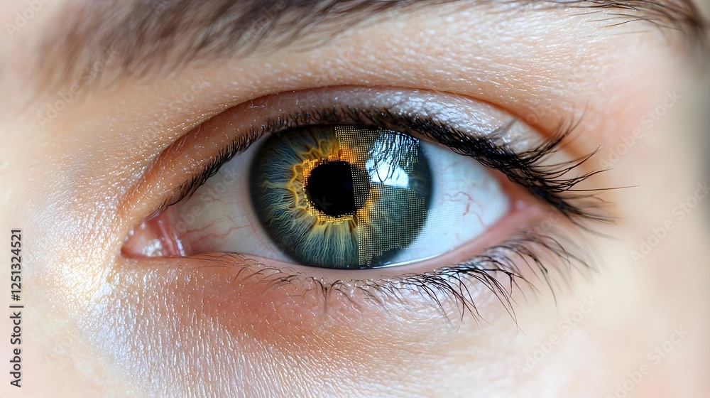 Poster close up view of a high tech iris recognition system scanning a human eye with a digital overlay sho