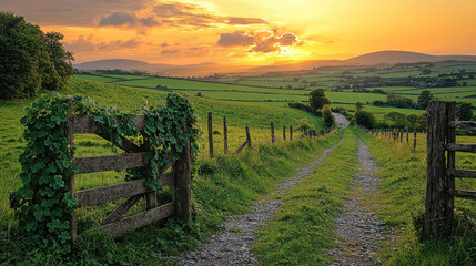 Obraz premium Rural sunset road through green fields and hills