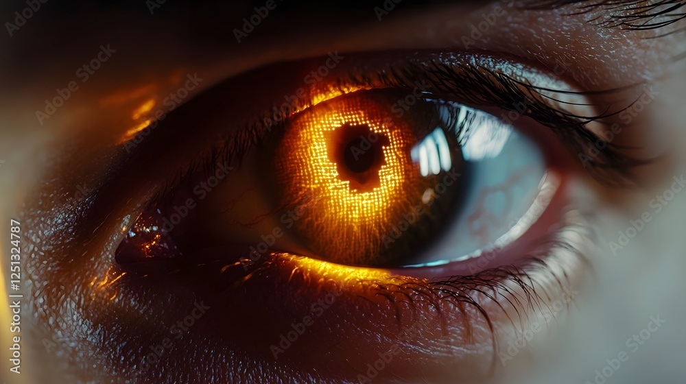 Poster closeup view of a human eye with a glowing digital iris recognition pattern representing biometric s