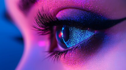 Closeup of a futuristic glowing digital iris recognition pattern with dramatic blue and pink lighting  Abstract high tech biometric identification and security concept