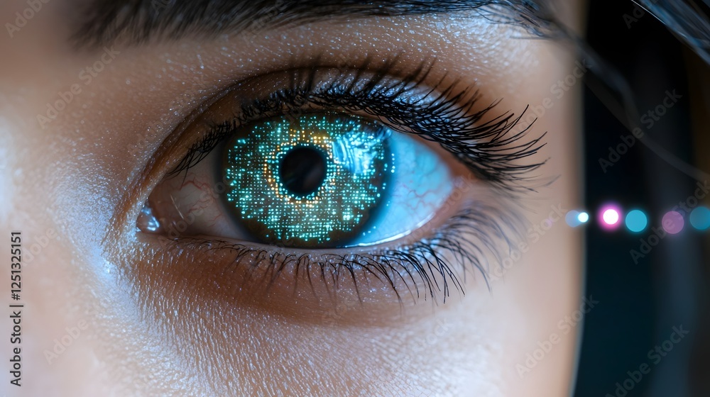 Poster close up view of a human eye showcasing the intricate and unique iris pattern which can be used for 