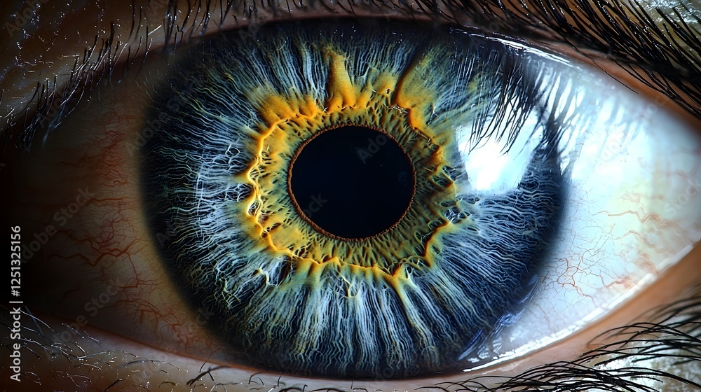 Poster detailed close up view of a futuristic iris recognition process scanning and analyzing the intricate