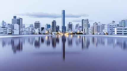 Obraz premium City skyline with reflections at dawn in the water
