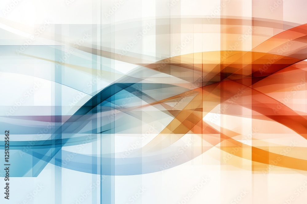 Poster colorful abstract design featuring intersecting lines and curves in blue, orange, and white tones cr