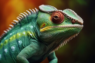 Fototapeta premium Captivating Close-Up of a Vibrant Green Chameleon with Intricate Texture and Detailed Features in a Natural Environment