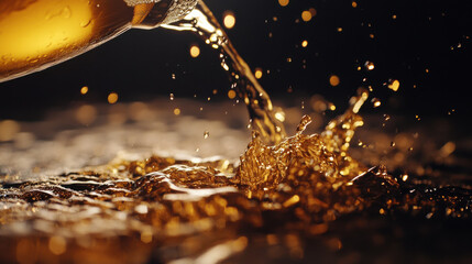 Cinematic close up of beer pouring with splashes and bubbles