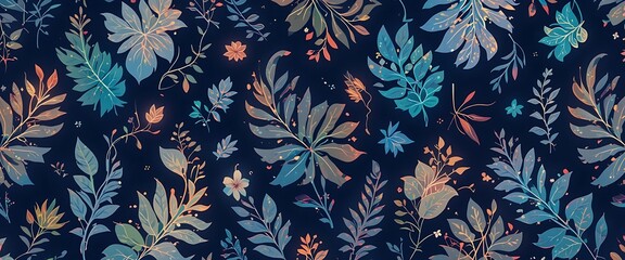 Elegant Floral Pattern Dark Blue Background Botanical Design