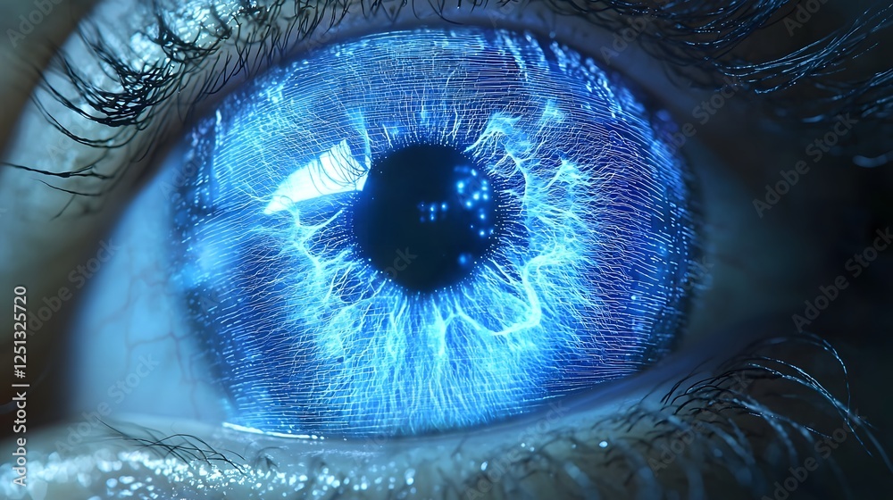 Poster glowing digital lines highlighting the unique iris pattern during biometric recognition technology f