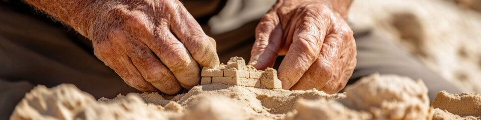 Elderly Hands Building Miniature Sandcastle with Small Sand Blocks