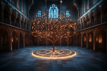 Obraz premium Enchanted tree illuminated in a grand hall with intricate architecture and a glowing circular design