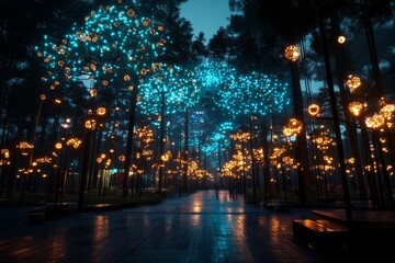 Beautiful illuminated forest pathway with vibrant lights during nighttime in a serene park setting