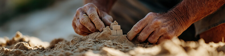 Elderly Hands Building Sandcastle with Blocks