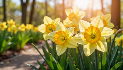 Obraz premium Sunlit daffodils blooming along garden path, beauty of springtime