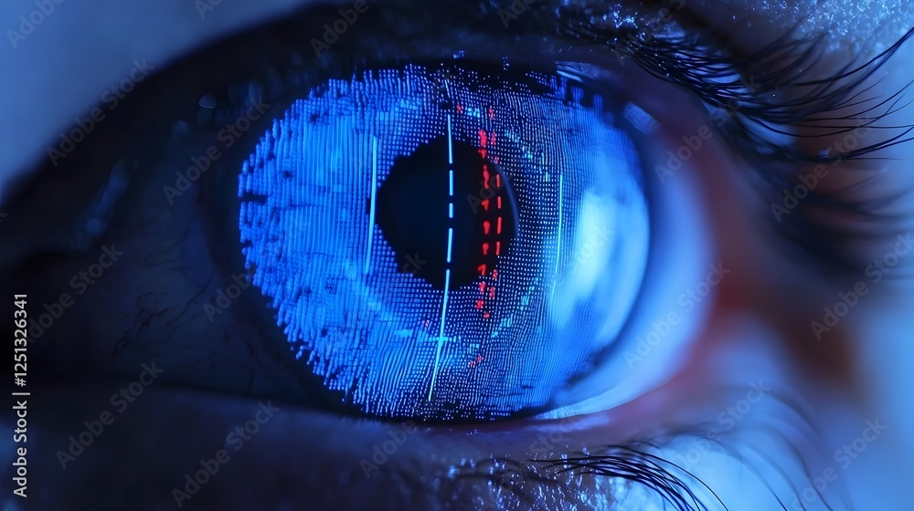 Poster detailed close up view of a human iris with scanning lines and patterns for biometric identification