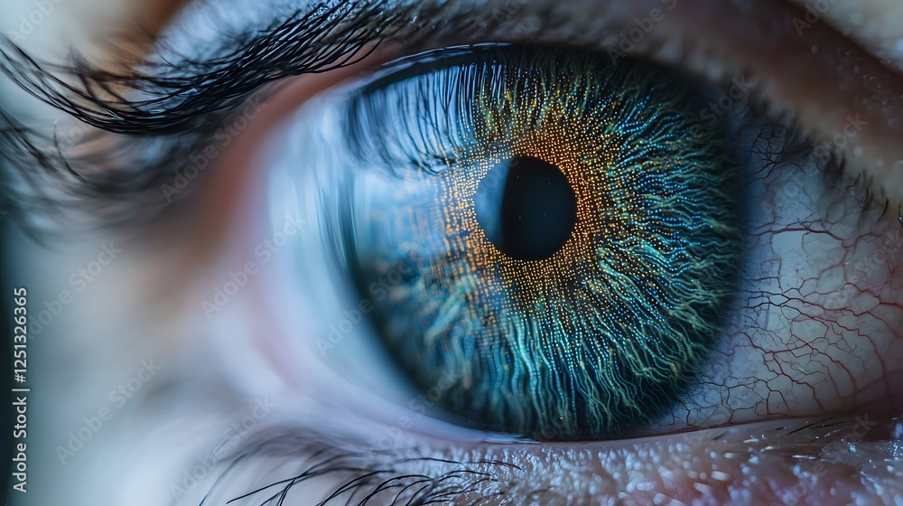Poster detailed closeup of a human iris with scanning lines highlighting the intricate patterns and texture
