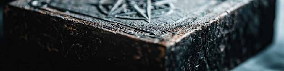 Close-up of Worn Wooden Block with Etched Design