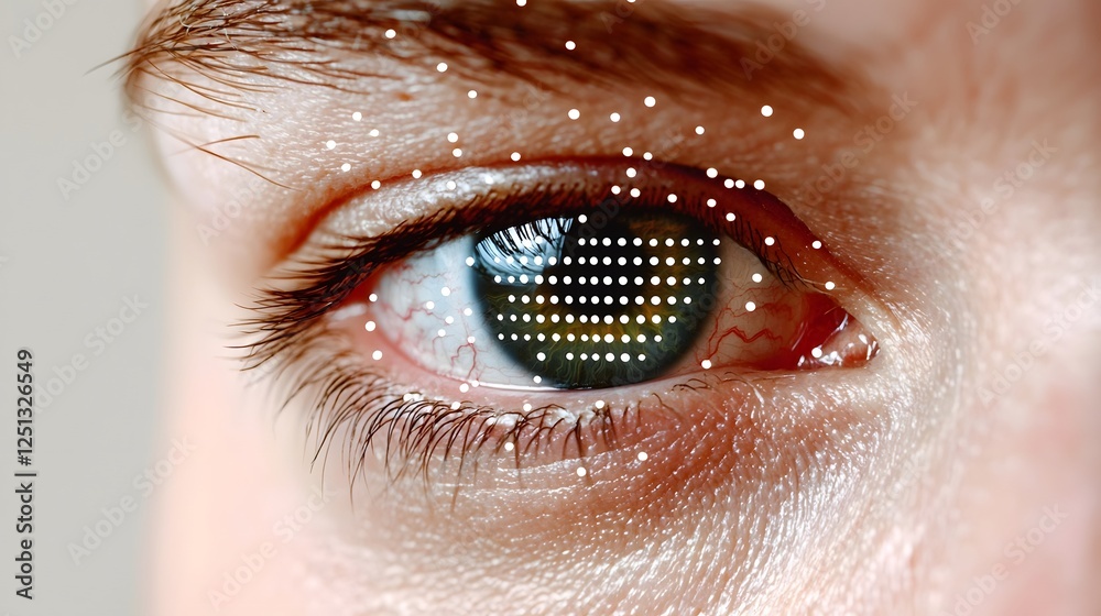 Poster close up view of a human eye undergoing biometric iris scanning with digital data points representin