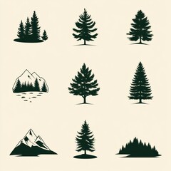 Obraz premium Collection Of Evergreen Tree And Mountain Silhouettes