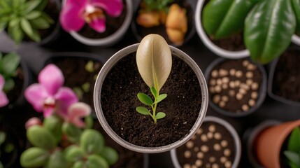 Newly Sprouted Seedling Growing in a Small Potted Plant Surrounded by Colorful Flowers