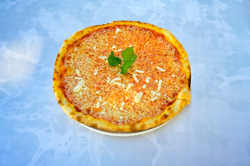 Traditional Turkish cuisine. Pizza, pita, pidesi, sucuk, hummus, kebab. Many dishes on the table. Serving dishes in restaurant. Mix, formaggi, veggie pizza. Top view, flat lay