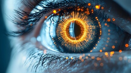 Vibrant abstract representation of iris recognition technology with glowing lines mapping the intricate patterns and details of the human iris for secure digital authentication and access control