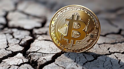 Cash down. Bitcoin coin on cracked earth, symbolizing economic challenges and digital currency's impact.