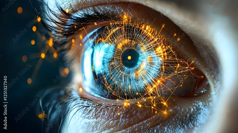 Poster futuristic iris biometrics with an intricate glowing pattern mapping the unique features of the eye 