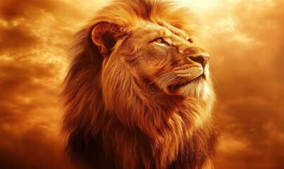 Fototapeta premium A lion with a long mane is staring at the camera