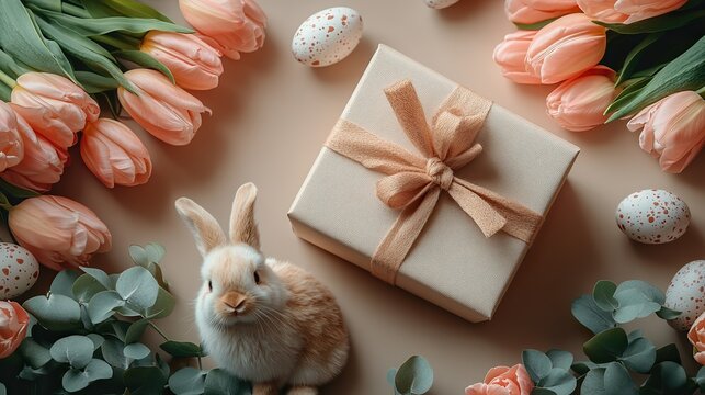 An Easter themed top view flat lay of a gift box, tulips, bunny decor, eggs, and eucalyptus on a soft beige background, an empty circle suitable for holiday promotions or greetings.