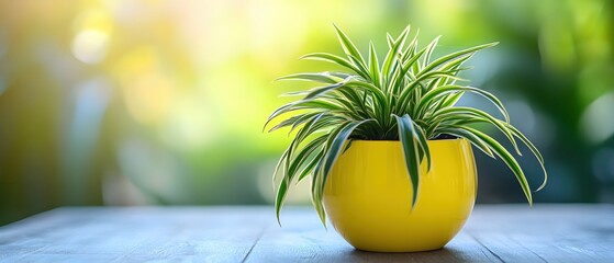 Vibrant spider plant in yellow pot on wooden surface against a sunny bokeh background