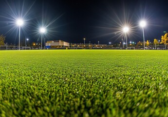A soccer field with lights shining on it