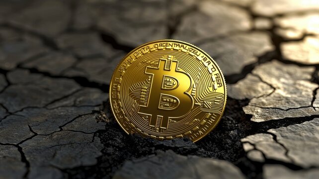 Cash down. Bitcoin coin on cracked surface, symbolizing value and digital currency.
